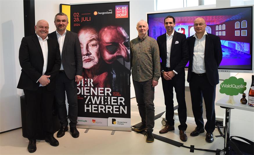 Vorfreude auf den Festivalsommer. Intendant Wolfgang Böck, Landesrat Heinrich Dorner, Bühnenbildner Erich Uiberlacker, Burgenland-Energie-Vorstandsvorsitzender Stephan Sharma und der kaufmännische Leiter Thomas Mersich (v.l.).