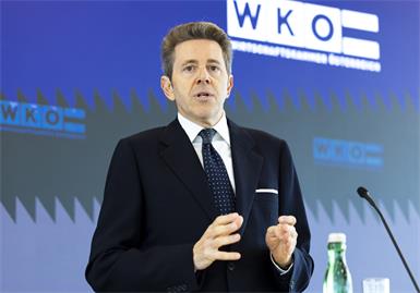 WKÖ-Präsident Harald Mahrer am Montag auf der PK "Inhaltliche Ergebnisse des Treffens der Präsident:innen der WKÖ sowie der 9 Landeskammern" in Wien.